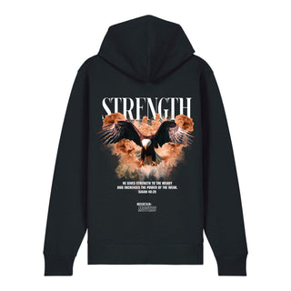Strength Streetwear Zipper Hoodie Backprint, Schwarz, Rückseite, Mountain Movers christliche Streetwear