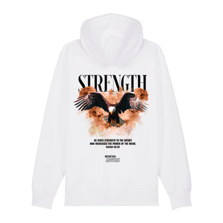 Strength Streetwear Zipper Hoodie Backprint, Weiß, Rückseite, Mountain Movers christliche Streetwear