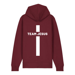 Team Jesus Zipper Hoodie Front- & Backprint, Burgunder, Rückseite, Mountain Movers christliche Streetwear