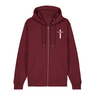 Team Jesus Zipper Hoodie Front- & Backprint, Burgunder, Vorderseite, Mountain Movers christliche Streetwear