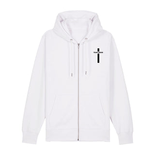 Team Jesus Zipper Hoodie Front- & Backprint, Weiß, Vorderseite, Mountain Movers christliche Streetwear