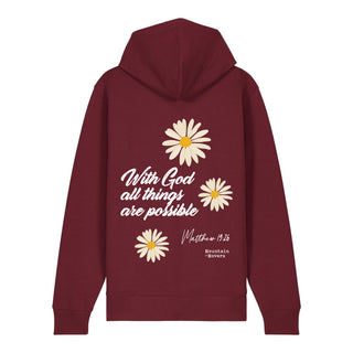 With God Flower Zipper Hoodie Backprint, Burgunder, Rückseite, Mountain Movers christliche Streetwear
