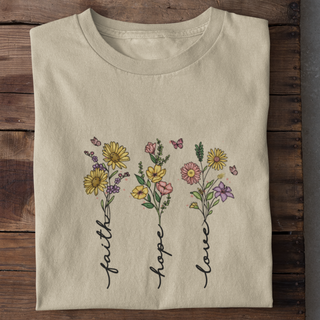Faith Hope Love Flower Shirt Detailansicht, Mountain Movers christliche Streetwear