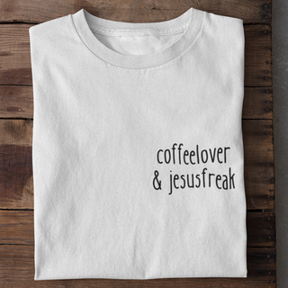 Coffeelover & Jesusfreak Shirt Produktansicht, Mountain Movers christliche Streetwear