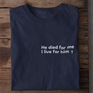 He died for me (minimalistisch) Shirt Detailansicht, Mountain Movers christliche Streetwear