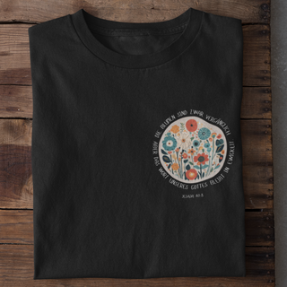 Die Blumen sind vergänglich Shirt Detailansicht, Mountain Movers christliche Streetwear