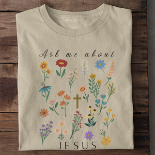Ask me about Jesus - Little Flowers Shirt Detailansicht, Mountain Movers christliche Streetwear