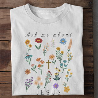 Ask me about Jesus - Little Flowers Shirt Detailansicht, Mountain Movers christliche Streetwear