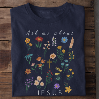 Ask me about Jesus - Little Flowers Shirt Detailansicht, Mountain Movers christliche Streetwear
