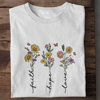 Faith Hope Love Flower Shirt Variante, Mountain Movers christliches Design