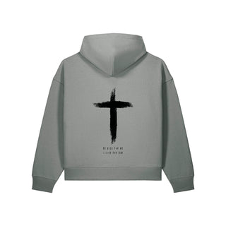 He Died Oversize Zipper Hoodie Backprint Grau Rückseite