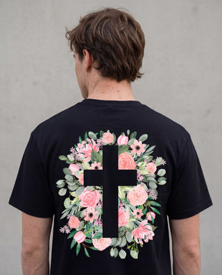 Cross flowers Shirt Backprint, christliche Streetwear von Mountain Movers