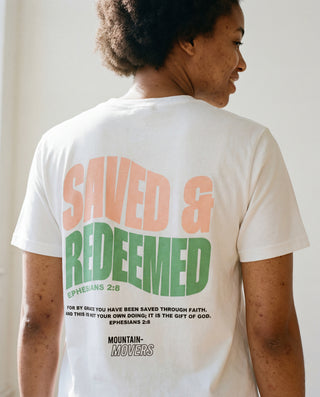 Saved and Redeemed Shirt BackPrint Detailansicht, Mountain Movers christliche Streetwear