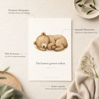 Kinderposter Bär Produktdetails mit Annotationen - 300 GSM Premium-Mattpapier, DIN A4, Aquarell-Illustration, knickfrei verpackt, Mountain Movers