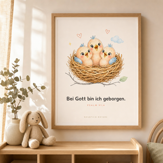 Christliches Kinderposter Vögel gerahmt im Kinderzimmer, Psalm 91:4, Mountain Movers