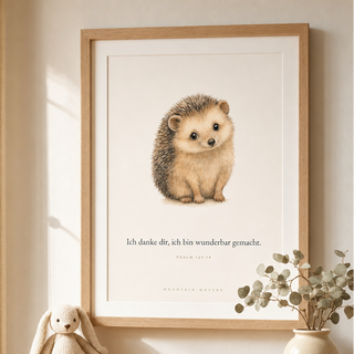 Christliches Kinderposter Igel gerahmt im Kinderzimmer, Psalm 139:14