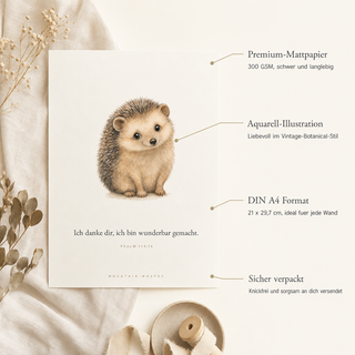 Kinderposter Igel Produktdetails - 300 GSM Premium-Mattpapier, A4, knickfrei verpackt