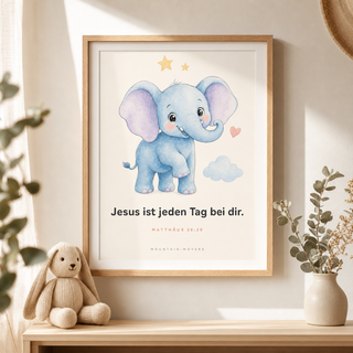 Christliches Kinderposter Elefant gerahmt im Kinderzimmer, Matthäus 28:20