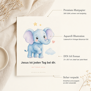 Kinderposter Elefant Produktdetails - 300 GSM Premium-Mattpapier, A4, knickfrei verpackt
