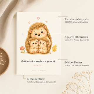 Kinderposter Igelfamilie Produktdetails - 300 GSM, A4, knickfrei verpackt