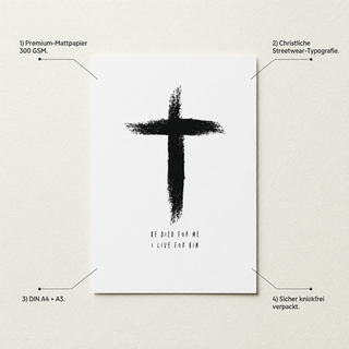 He Died Poster Detail mit USP-Annotationen Premium-Mattpapier 300 GSM DIN A4 plus A3 knickfrei verpackt
