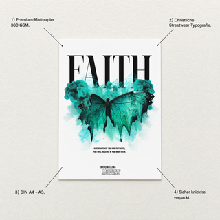 Faith Streetwear Poster Detail mit USP-Annotationen Premium-Mattpapier 300 GSM DIN A4 plus A3 knickfrei verpackt