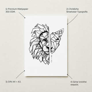 Lion x Lamb Poster Detail mit USP-Annotationen Premium-Mattpapier 300 GSM DIN A4 plus A3 knickfrei verpackt