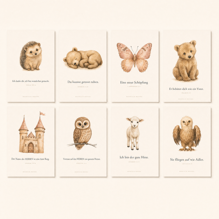 Christian Animal Kids Poster Set, 8 Posters A4 with Bible Verses