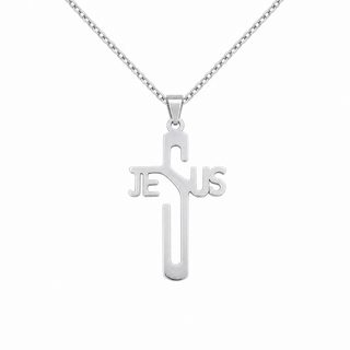 Jesus Kreuz Kette aus Edelstahl mit ausgeschnittenem JESUS-Schriftzug
