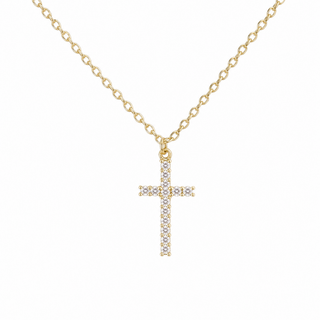 Goldene Kette mit Kreuz-Anhänger aus Edelstahl, besetzt mit Zirkonia-Steinen