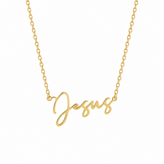 Jesus Kette aus Edelstahl mit goldenem Jesus-Schriftzug als Anhänger
