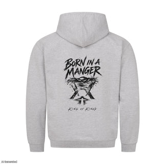 Born in a Manger King of Kings Christmas Hoodie Backprint Grau