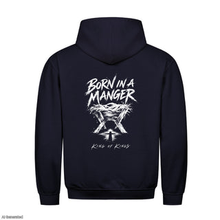 Born in a Manger King of Kings Christmas Hoodie Backprint Navy