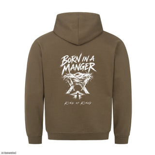 Born in a Manger King of Kings Christmas Hoodie Backprint Olive