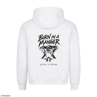 Born in a Manger King of Kings Christmas Hoodie Backprint Weiß