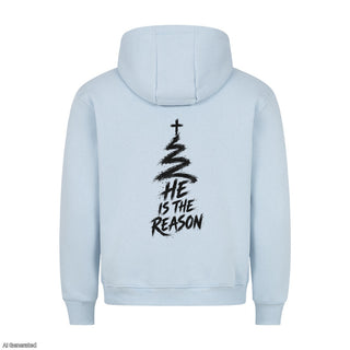 He Is the Reason Christmas Hoodie Backprint Babyblau