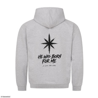 He Was Born for Me Christmas Hoodie Backprint Grau