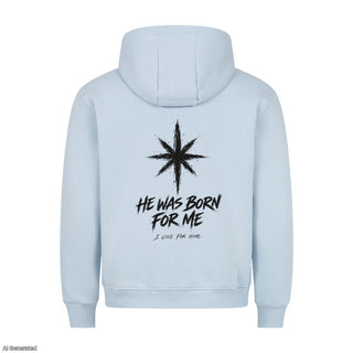 He Was Born for Me Christmas Hoodie Backprint Babyblau