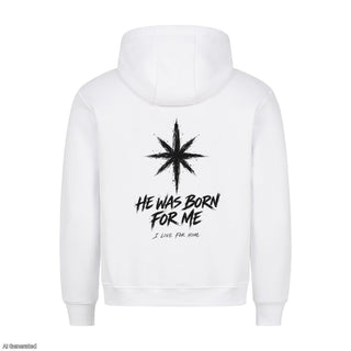 He Was Born for Me Christmas Hoodie Backprint Weiß