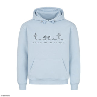 It All Started in a Manger Christmas Hoodie Babyblau