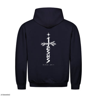 Jesus Born to Save Christmas Hoodie Backprint Navy