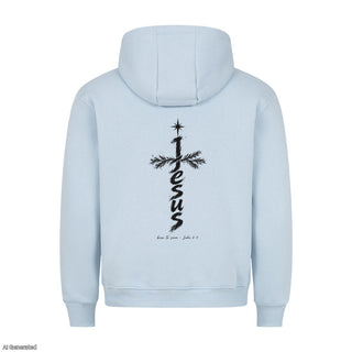 Jesus Born to Save Christmas Hoodie Backprint Babyblau