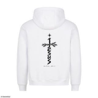 Jesus Born to Save Christmas Hoodie Backprint Weiß
