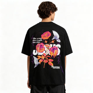 Jesus Flower Oversized Shirt BackPrint Variante, Mountain Movers christliches Design