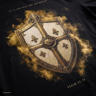 Our Help And Our Shield T-Shirt, Schwarz, Nahaufnahme des Rückenprints