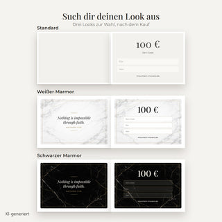 Drei Looks zur Auswahl für den 100 Euro Gutschein: Standard, weißer Marmor, schwarzer Marmor