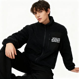 Jesus Saves Teddy Jacke Detailansicht, Mountain Movers christliche Streetwear