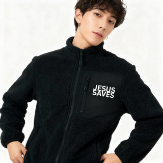 Jesus Saves Teddy Jacke Detailansicht, Mountain Movers christliche Streetwear