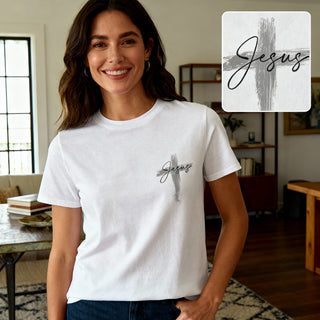 Jesus painted Cross Shirt Detailansicht, Mountain Movers christliche Streetwear