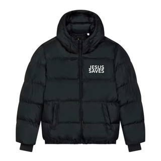 Jesus Saves Winter Puff Jacke Detailansicht, Mountain Movers christliche Streetwear